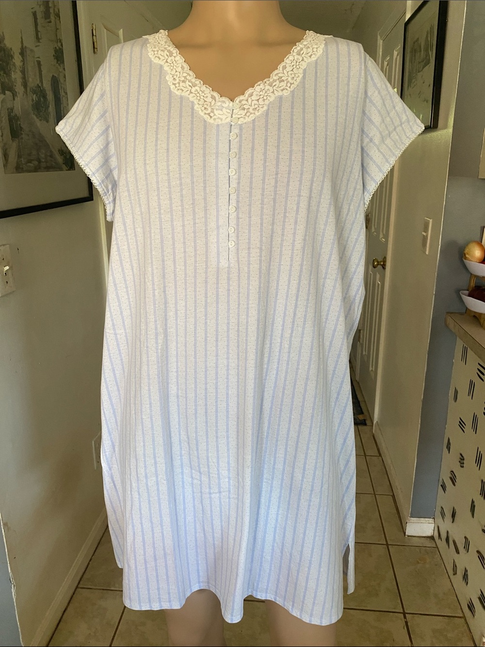 Eileen West White and Light Blue knit Striped Lace-Trim Nightgown